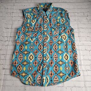 Rock & Roll Cowboy Cutoff Sleeve Shirt XL Blue Aztec Hilbilly Snap Button Cotton